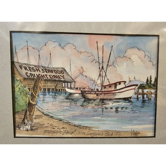 Original Watercolor Painting By Jane Gayman "Ferger's Dock New Smyrna Beach Fl" - Picture 1 of 13